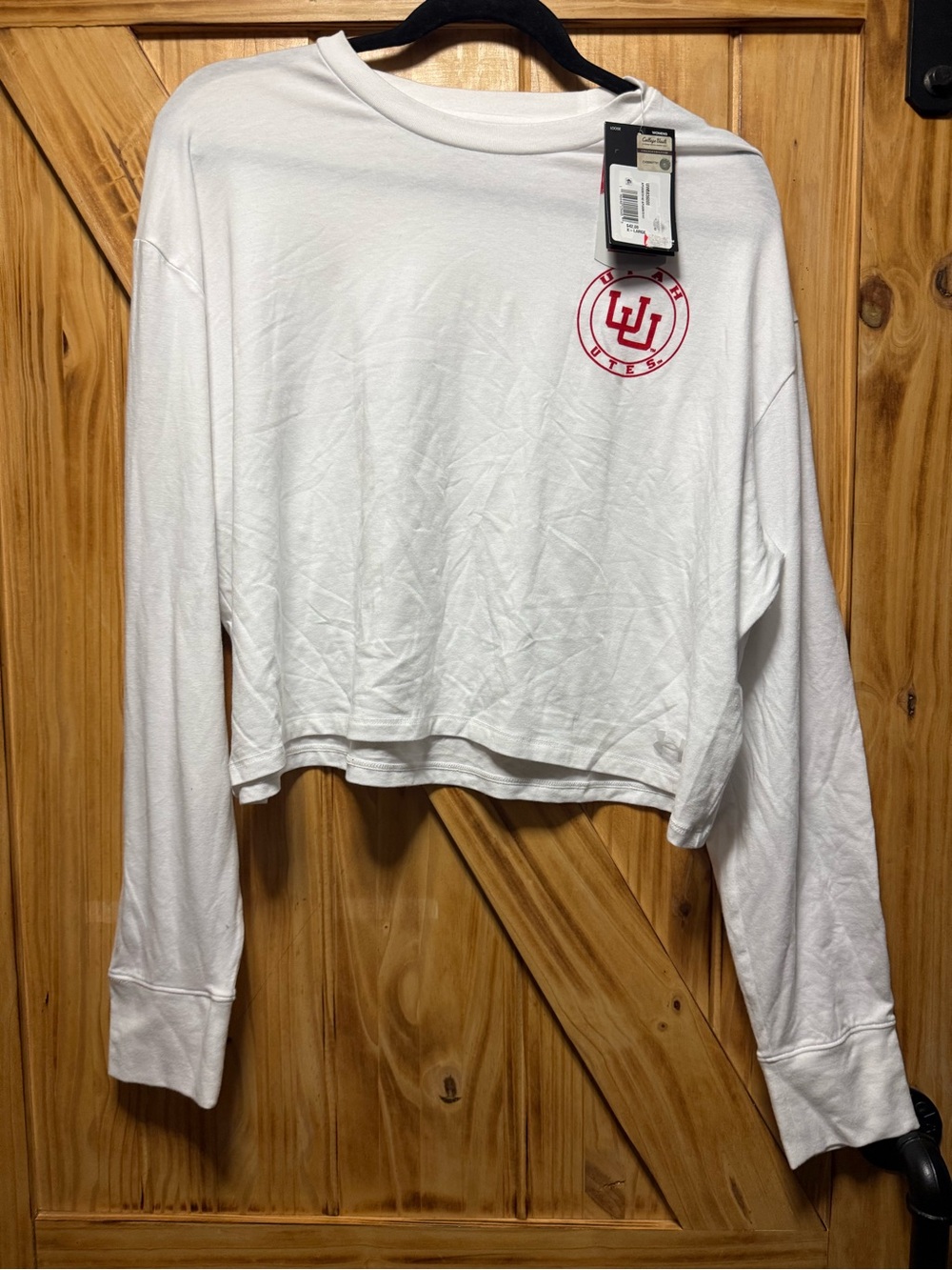 White Long-Sleeve Cropped Tee with Red Logo - Women